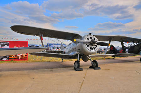 MOSCOW, RUSSIA - AUG 2015: Soviet biplane fighter I-153 Chaika presented at the 12th MAKS-2015...
