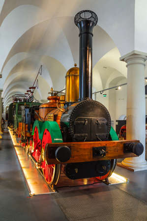 DRESDEN, GERMANY - MAY 2015:  first steam locomotive Saxonia in Dresden Transport Museum on May 25, 2015 in Dresden, Germanyのeditorial素材