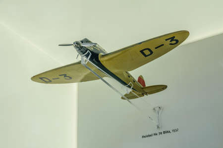 DRESDEN, GERMANY - MAY 2015: passenger aircraft Heinkel He 70 Blitz 1932 in Dresden Transport Museum on May 25, 2015 in Dresden, Germanyのeditorial素材