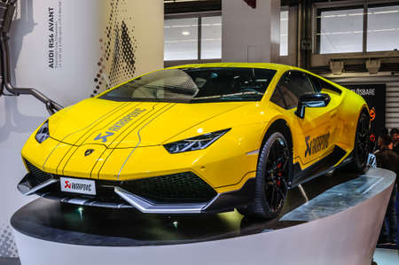 FRANKFURT - SEPT 2015: LAMBORGHINI HURACAN LP 610-4 COUPE/SPYDER Akrapovic presented at IAA International Motor Show on September 20, 2015 in Frankfurt, Germanyのeditorial素材