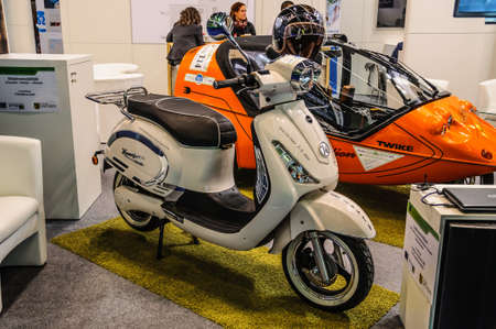 FRANKFURT - SEPT 2015: kumpan electric scooter presented at IAA International Motor Show on September 20, 2015 in Frankfurt, Germanyのeditorial素材