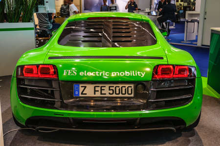 FRANKFURT - SEPT 2015: Audi R8 e-tron presented at IAA International Motor Show on September 20, 2015 in Frankfurt, Germanyのeditorial素材
