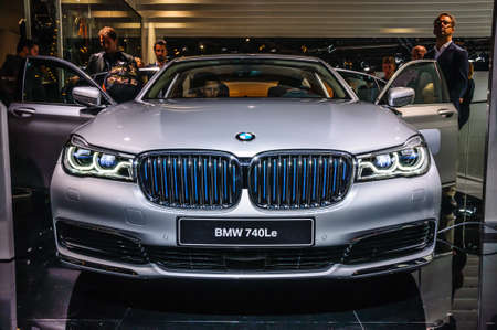 FRANKFURT - SEPT 2015: BMW 740Le presented at IAA International Motor Show on September 20, 2015 in Frankfurt, Germanyのeditorial素材