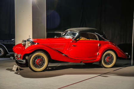 FRANKFURT - SEPT 2015: red retro Mercedes-Benz presented at IAA International Motor Show on...