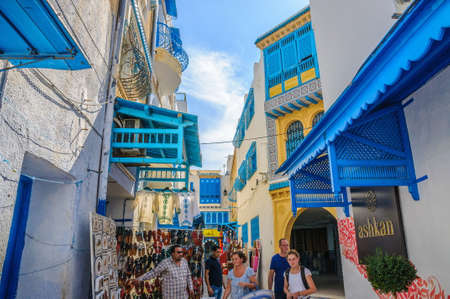 HAMMAMET, TUNISIA - Oct 2014: Stone ancient wall of Medina with bazaar on October 6, 2014 in Hammamet, Tunisiaのeditorial素材