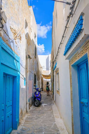 HAMMAMET, TUNISIA - Oct 2014: Narrow street of Medina on October 6, 2014 in Hammamet, Tunisiaのeditorial素材