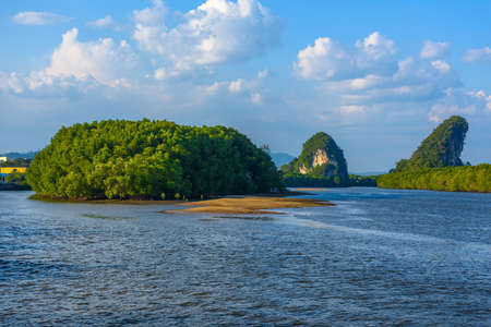 Krabi Town, Thailand, River gulf Pak Nam Krabi with island and rocksの写真素材