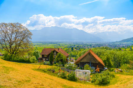 Farm houses in mountain village, Grabs, Werdenberg, St Gallen Switzerland
