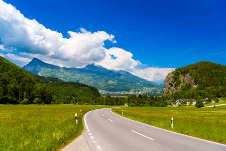 Road among Alps mountains, Vaduz, Oberland Liechtensteinの写真素材