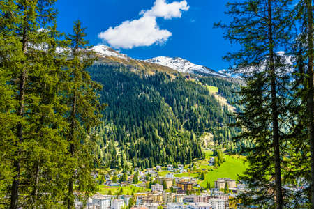 Alps Mountains covered with pine forest, Davos,  Graubuenden, Switzerlandの写真素材