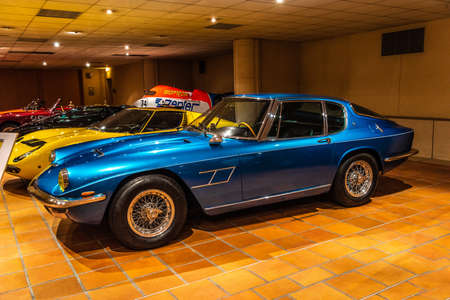 FONTVIEILLE, MONACO - JUN 2017: blue MASERATI MISTRAL 4 1968 in Monaco Top Cars Collection Museum.のeditorial素材