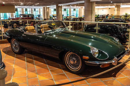 FONTVIEILLE, MONACO - JUN 2017: dark green JAGUAR 42 ROADSTER CABRIO 1969 in Monaco Top Cars Collection Museum.のeditorial素材