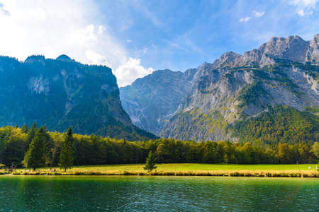 Koenigssee lake with Alp mountains in Konigsee, Berchtesgaden National Park, Bavaria, Germany.