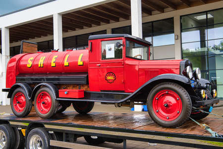 FRIEDRICHSHAFEN - MAY 2019: red FORD MODEL AA SHELL oil truck 1927 at Motorworld Classics Bodensee...