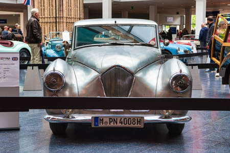 FRIEDRICHSHAFEN - MAY 2019: silver HEALEY TICKFORD SPORTS SALOON 1954 coupe at Motorworld Classics Bodensee on May 11, 2019 in Friedrichshafen, Germany.のeditorial素材