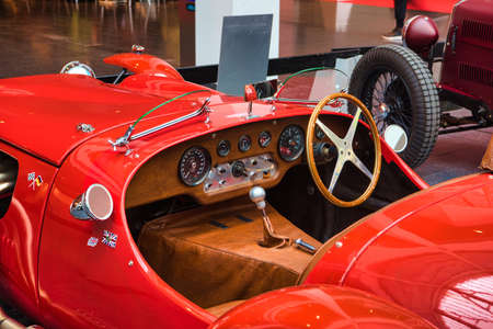 FRIEDRICHSHAFEN - MAY 2019: interior of red JAGUAR RONART W152 1973 racing cabrio roadster at...