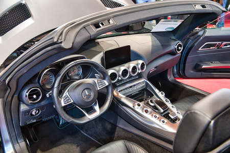 FRIEDRICHSHAFEN - MAY 2019: interior of silver carbon MERCEDES-AMG GT C190 R190 2014 cabrio at Motorworld Classics Bodensee on May 11, 2019 in Friedrichshafen, Germany.のeditorial素材