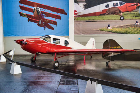 FRIEDRICHSHAFEN - MAY 2019: red plane BELLANCA CRUSAIR SENIOR 1946 at Motorworld Classics Bodensee...