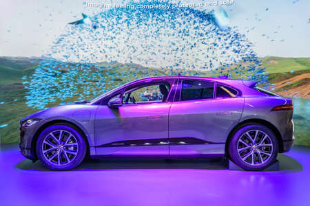FRANKFURT, GERMANY - SEPT 2019: silver gray JAGUAR I-SPACE is a battery-electric crossover SUV...