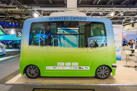 FRANKFURT, GERMANY - SEPT 2019: green blue EASYMILE EZ10 a battery-powered autonomous electric bus designed and marketed by EasyMile, IAA International Motor Show Auto Exhibtion.のeditorial素材