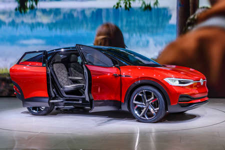 FRANKFURT, GERMANY - SEPT 2019: red VOLKSWAGEN VW I.D. CROZZ is an electric SUV concept car based on...