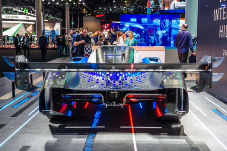 FRANKFURT, GERMANY - SEPT 2019: blue black Volkswagen VW I.D. R is a prototype fully electric...