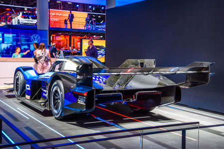 FRANKFURT, GERMANY - SEPT 2019: blue black Volkswagen VW I.D. R is a prototype fully electric...