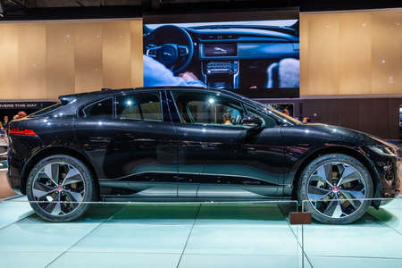 FRANKFURT, GERMANY - SEPT 2019: black JAGUAR I-SPACE is a battery-electric crossover SUV produced by...