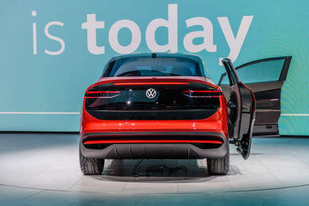 FRANKFURT, GERMANY - SEPT 2019: red VOLKSWAGEN VW I.D. CROZZ is an electric SUV concept car based on Volkswagen's electric MEB platform, IAA International Motor Show Auto Exhibtion.のeditorial素材