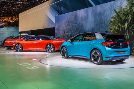 FRANKFURT, GERMANY - SEPT 2019: azure blue VOLKSWAGEN VW I.D.3 is a compact C-segment electric car...