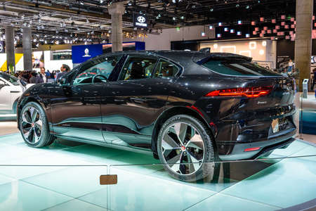 FRANKFURT, GERMANY - SEPT 2019: black JAGUAR I-SPACE is a battery-electric crossover SUV produced by...