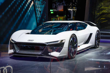 FRANKFURT, GERMANY - SEPT 2019: white electric AUDI PB18 E-TRON concept coupe car, IAA International Motor Show Auto Exhibtion.のeditorial素材