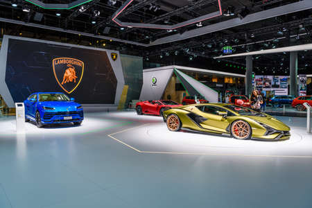 FRANKFURT, GERMANY - SEPT 2019: yellow golden LAMBORGHINI SIAN FKP 37 is a mid-engine hybrid sports car. It is the first hybrid production vehicle produced by the brand, IAA International Motor Show Auto Exhibtion.のeditorial素材