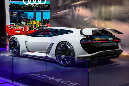 FRANKFURT, GERMANY - SEPT 2019: white electric AUDI PB18 E-TRON concept coupe car, IAA International...