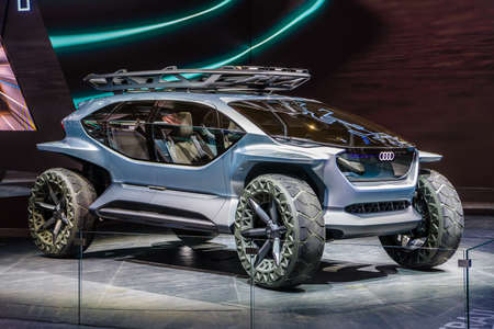 FRANKFURT, GERMANY - SEPT 2019: silver AUDI AI TRAIL all electric offroad concept car, IAA International Motor Show Auto Exhibtion.のeditorial素材