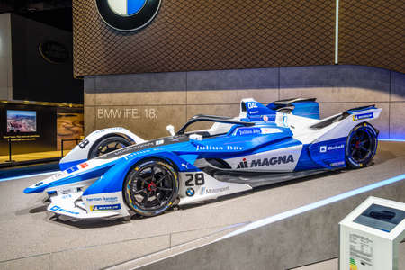 FRANKFURT, GERMANY - SEPT 2019: white blue BMW iFE.18 FORMULA E racing electric car, IAA International Motor Show Auto Exhibtion.のeditorial素材