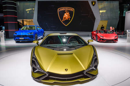 FRANKFURT, GERMANY - SEPT 2019: yellow golden LAMBORGHINI SIAN FKP 37 is a mid-engine hybrid sports car. It is the first hybrid production vehicle produced by the brand, IAA International Motor Show Auto Exhibtion.のeditorial素材