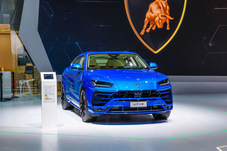 FRANKFURT, GERMANY - SEPT 2019: blue SUV LAMBORGHINI URUS, IAA International Motor Show Auto Exhibtion.のeditorial素材