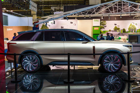 FRANKFURT, GERMANY - SEPT 2019: sand golden silver HONGQI E115 SUV China electric concept Car, IAA International Motor Show Auto Exhibtion.のeditorial素材