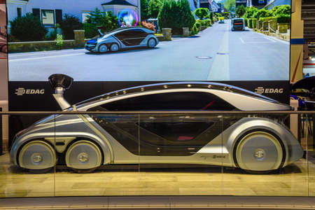 FRANKFURT, GERMANY - SEPT 2019: silver CITYBOT EDAG electric autonomous robot car, IAA International...