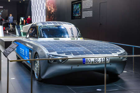 FRANKFURT, GERMANY - SEPT 2019: SolarCar Thyssenkrupp BLUE.CRUISER from Bochum University of Applied Science, IAA International Motor Show Auto Exhibtion.のeditorial素材