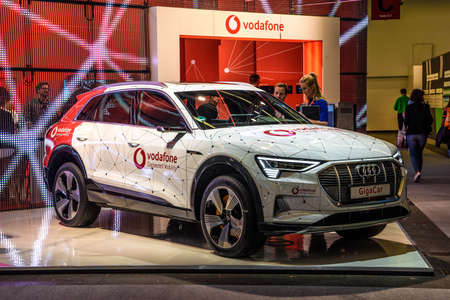 FRANKFURT, GERMANY - SEPT 2019: white red AUDI Q8 electric SUV Vodafone Gigacar, IAA International...