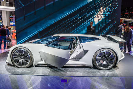 FRANKFURT, GERMANY - SEPT 2019: white electric AUDI PB18 E-TRON concept coupe car, IAA International...