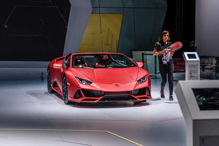 FRANKFURT, GERMANY - SEPT 2019: pink cabrio sports car LAMBORGHINI HURACAN SPYDER, IAA International Motor Show Auto Exhibtion.のeditorial素材