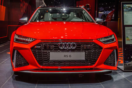 FRANKFURT, GERMANY - SEPT 2019: red AUDI RS6 AVANT C8 estate wagon combi family car, IAA International Motor Show Auto Exhibtion.のeditorial素材