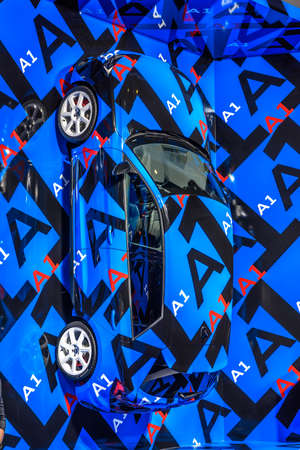 FRANKFURT, GERMANY - SEPT 2019: blue AUDI A1 on the wall, IAA International Motor Show Auto Exhibtion.のeditorial素材