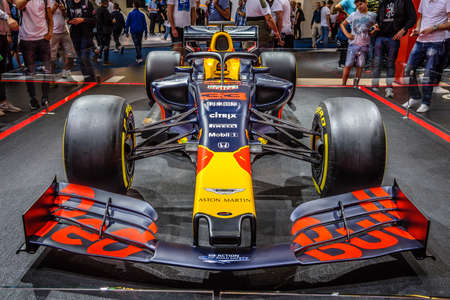 FRANKFURT, GERMANY - SEPT 2019: blue yellow FORMULA ONE F1 RED BULL bolid, IAA International Motor Show Auto Exhibtion.のeditorial素材