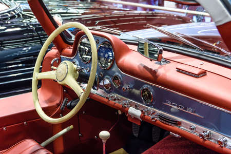 FRANKFURT, GERMANY - SEPT 2019: red leather interior of MERCEDES-BENZ W188 300 S coupe 1951 1958,...