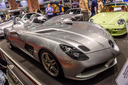 FRANKFURT, GERMANY - SEPT 2019: silver gray MERCEDES-BENZ McLaren STIRLING MOSS sport coupe 2009,...