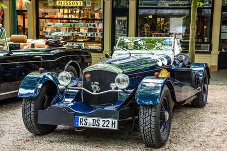 BADEN BADEN, GERMANY - JULY 2019: dark blue BENTLEY cabrio roadster escalibur 35, oldtimer meeting...